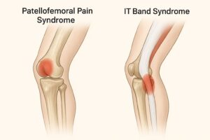 Chart depicting the different pain locations of Patellofemoral Pain aka Runner's Knee and IT Band Syndrome.